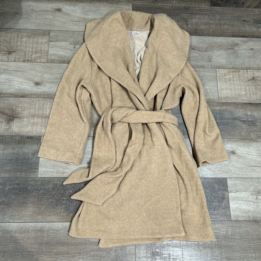 Leset Sienna wool blend belted robe coat in beige - Picture 4 of 8